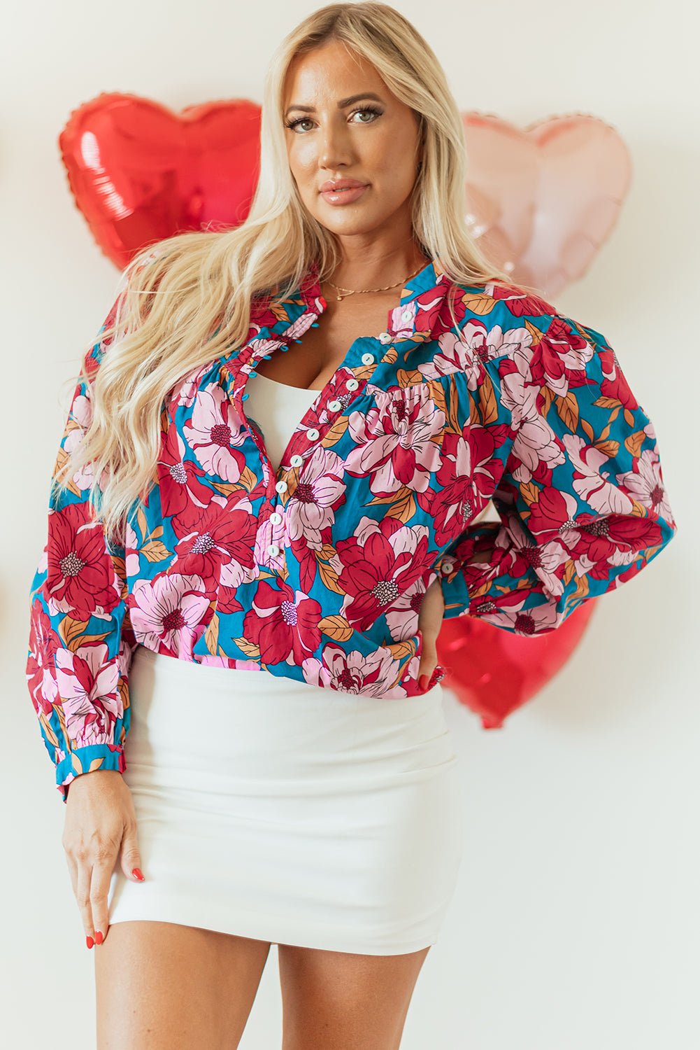 Red Floral Printed Balloon Sleeve Half Buttons Blouse - Naughty Girl Essentials