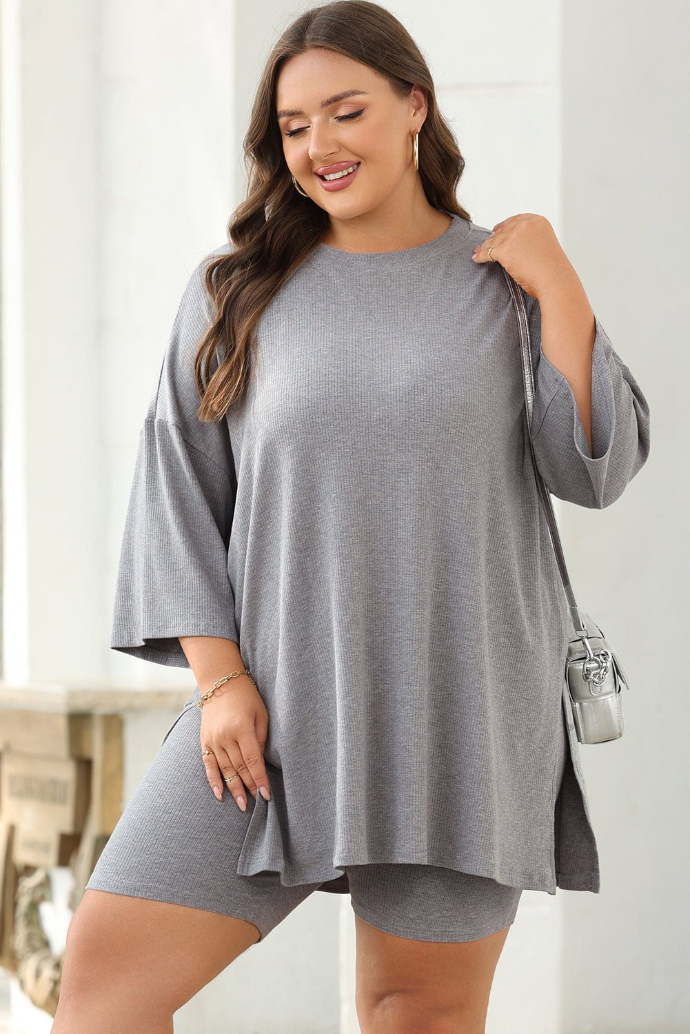 Light Grey Solid Color Loose Tunic Top and Slim Shorts Set - Naughty Girl Essentials