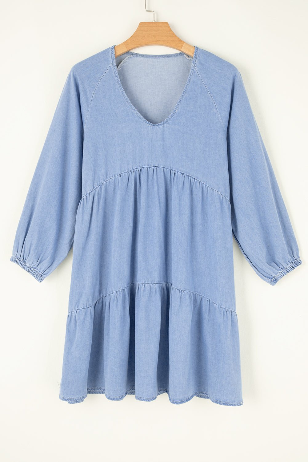 Black Puff Sleeve V Neck Tiered Ruffled Chambray Mini Dress - Naughty Girl Essentials