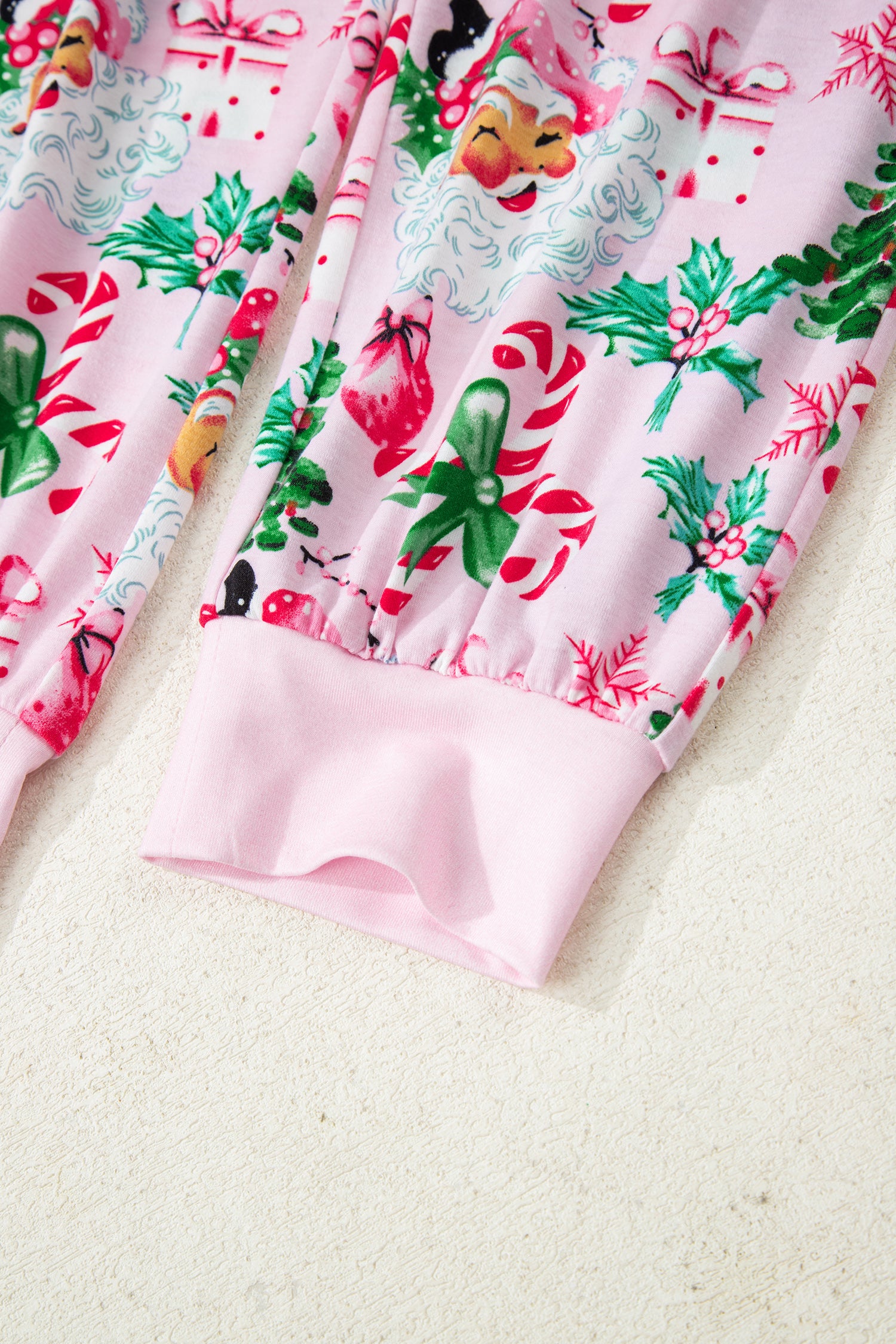 Pink Christmas Pattern Button V-Neck Pullover & Drawstring Pants Lounge Set – 2 Piece