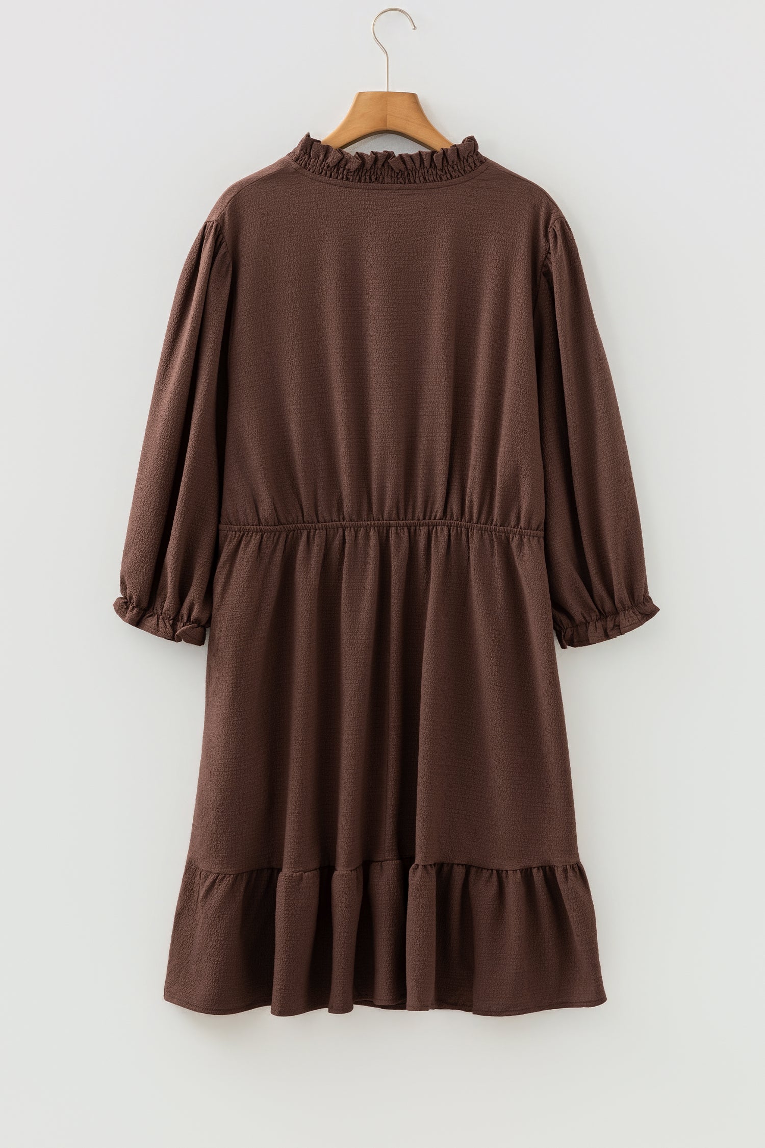 Coffee Plus Size Frilled Trim V-Neck Puff Sleeve Textured Mini Dress