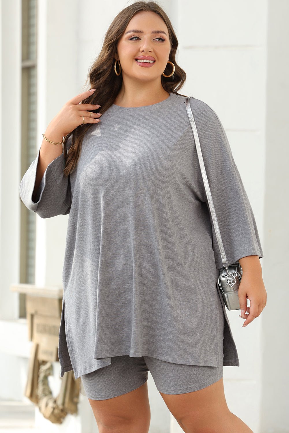 Light Grey Solid Color Loose Tunic Top and Slim Shorts Set - Naughty Girl Essentials