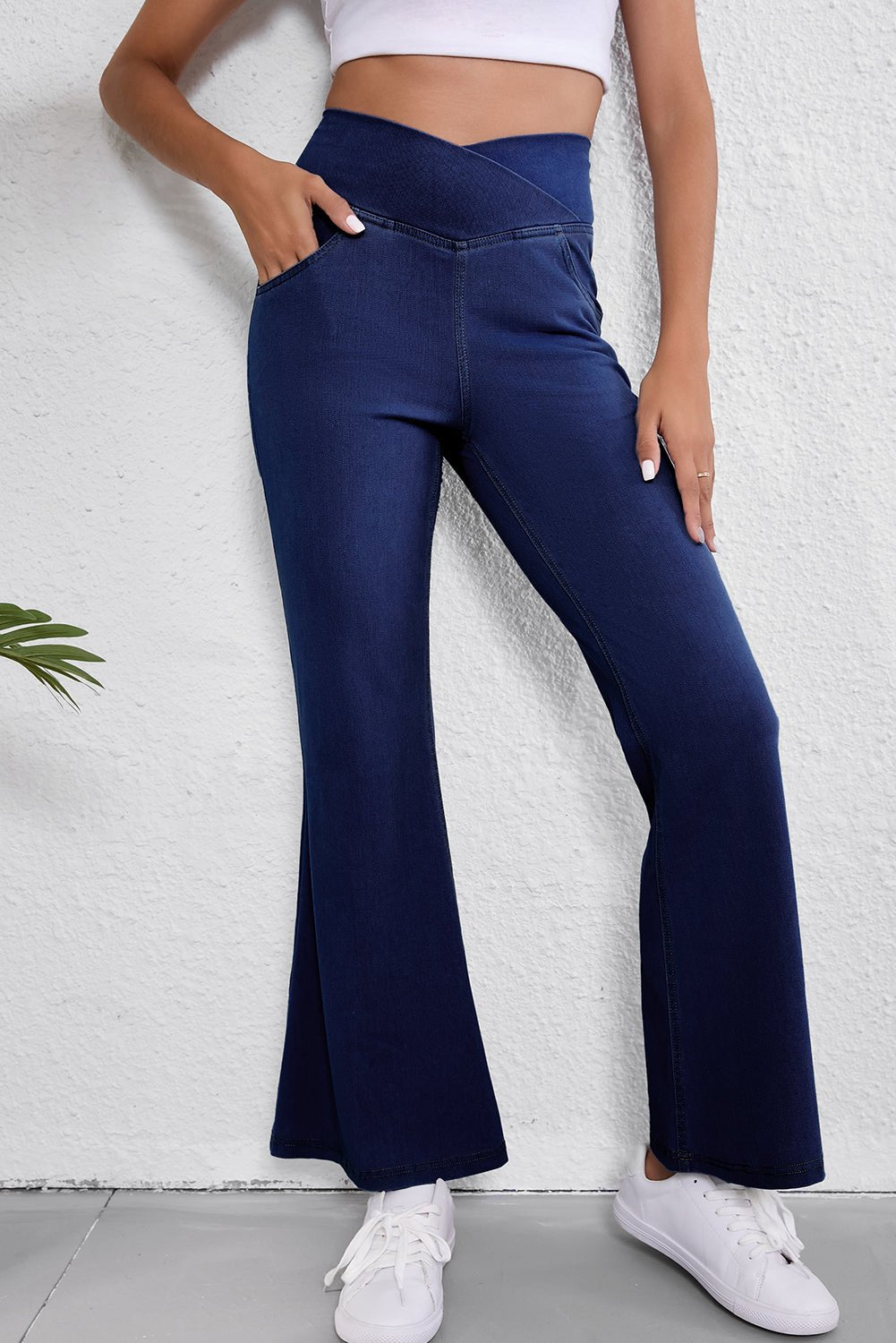 Dusk Blue Solid Crossed Waist High Elastic Fit Flare Knit Jeans - Naughty Girl Essentials