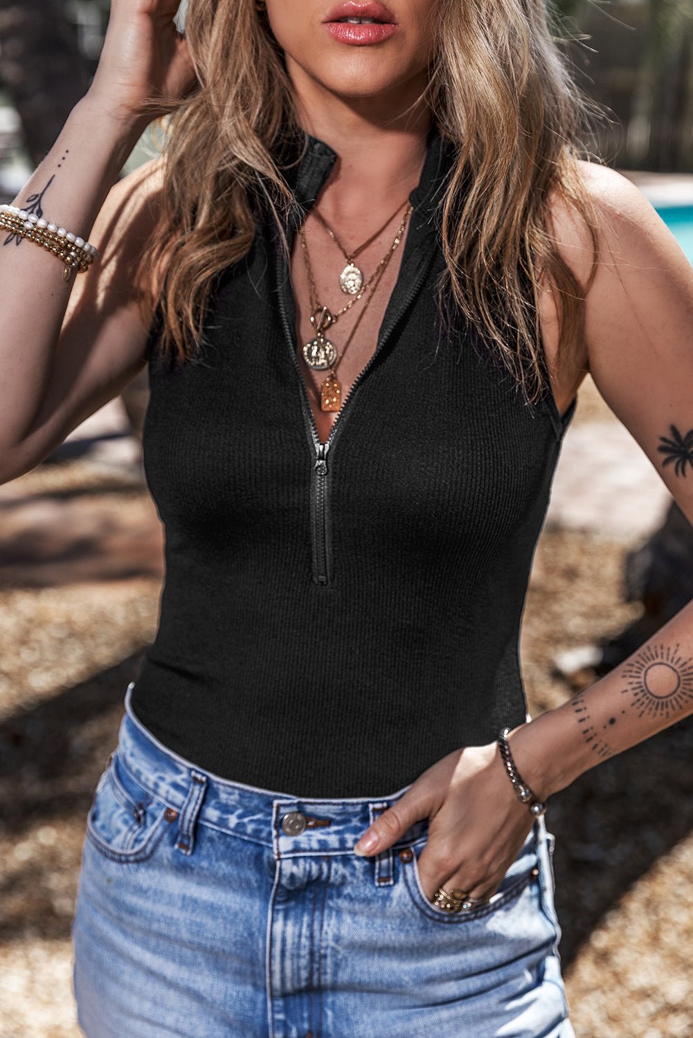 Black Zip up Mock Neck Ribbed Sleeveless Bodysuit - Naughty Girl Essentials