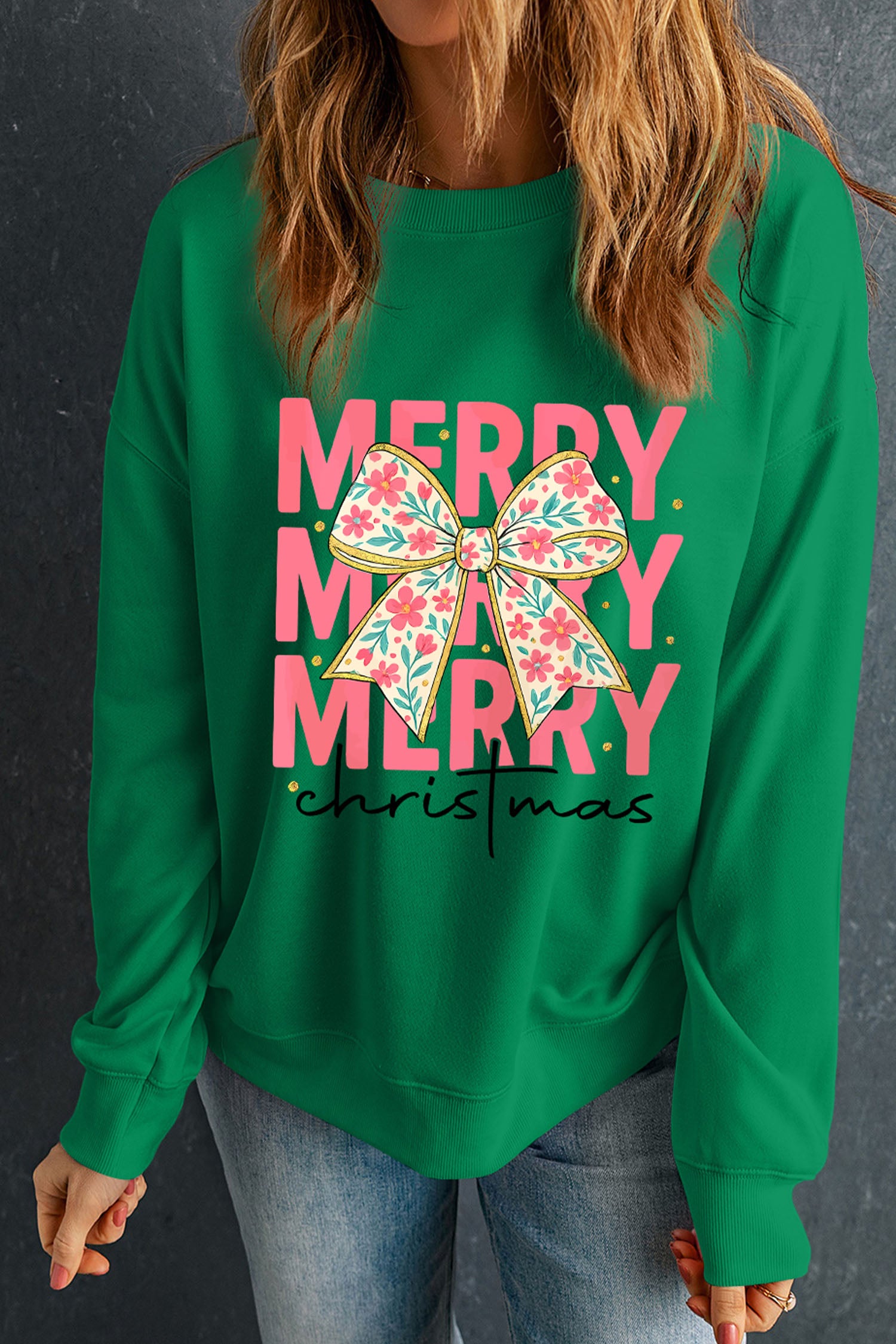 Dark Green “MERRY Christmas” Floral Bow Graphic Drop Shoulder Sweatshirt