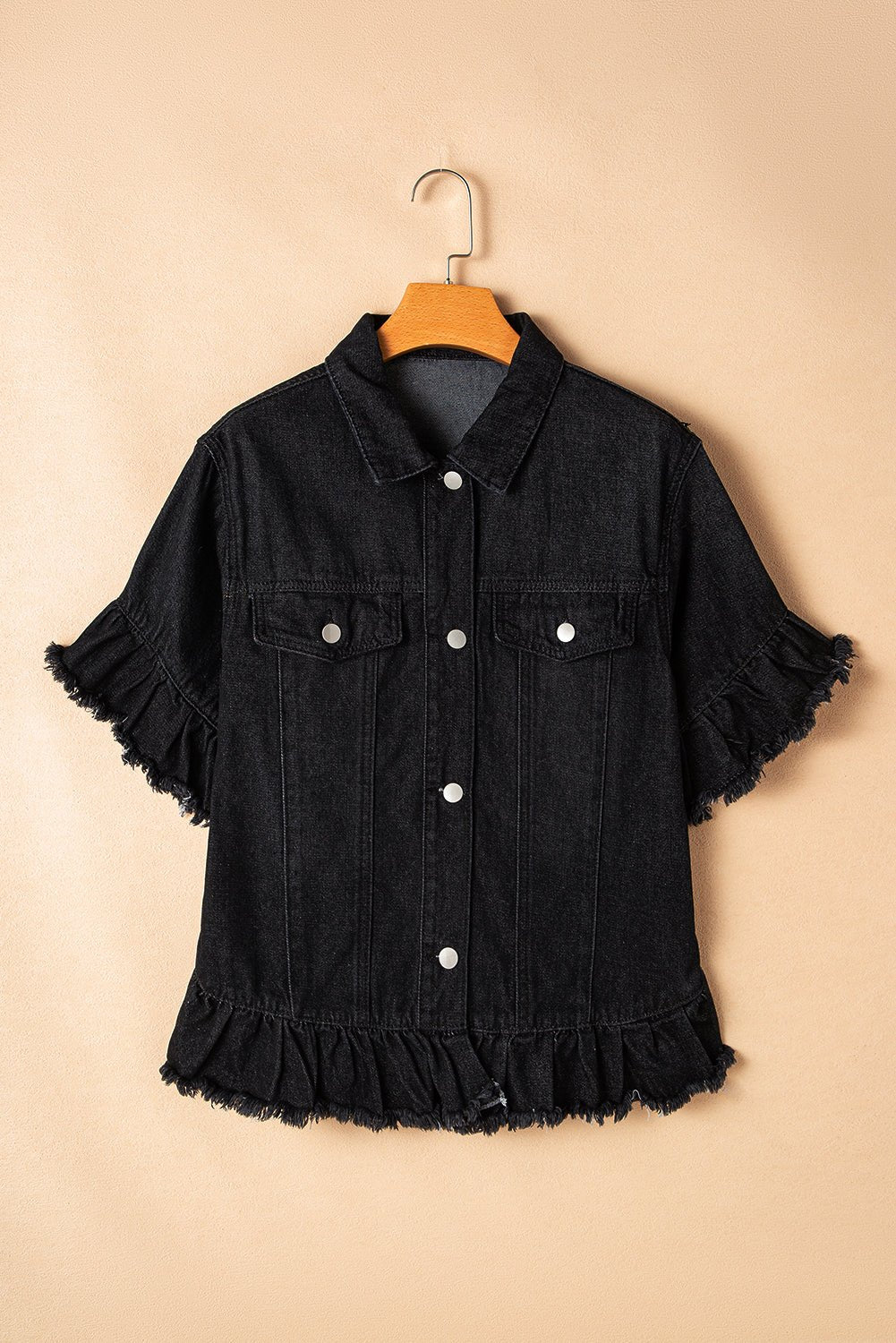 Black Raw Edge Ruffled Short Sleeve Denim Jacket - Naughty Girl Essentials