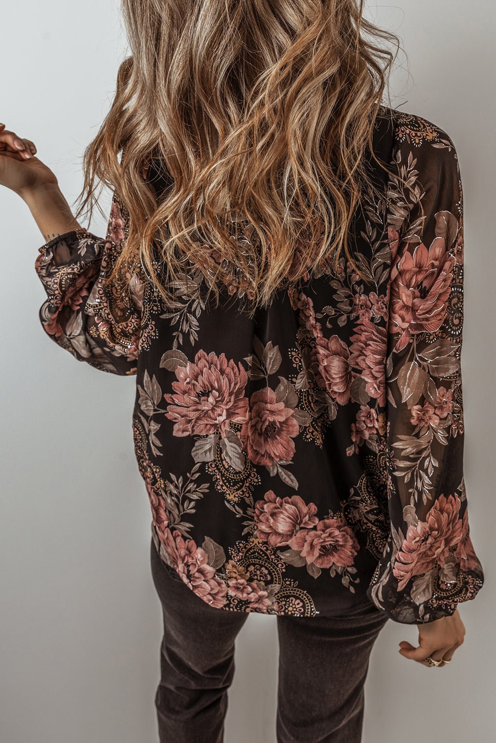 Black Floral Print Criss Cross V Neck Balloon Sleeve Blouse - Naughty Girl Essentials