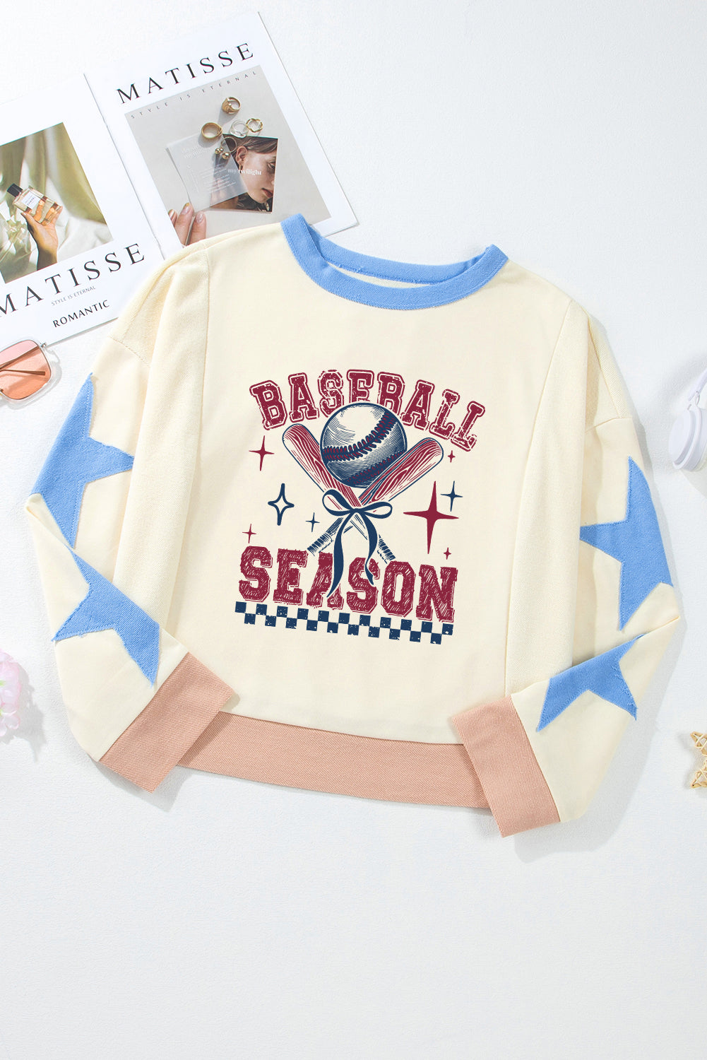 Beige BASEBALL SEASON Graphic Star Patched Game Day Sweatshirt