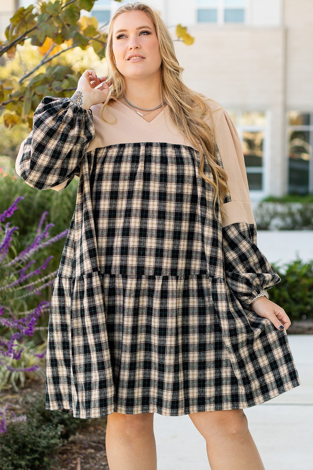 Black Plaid Waffle Knit Patchwork Collared V Neck Plus Size Mini Dress - Naughty Girl Essentials