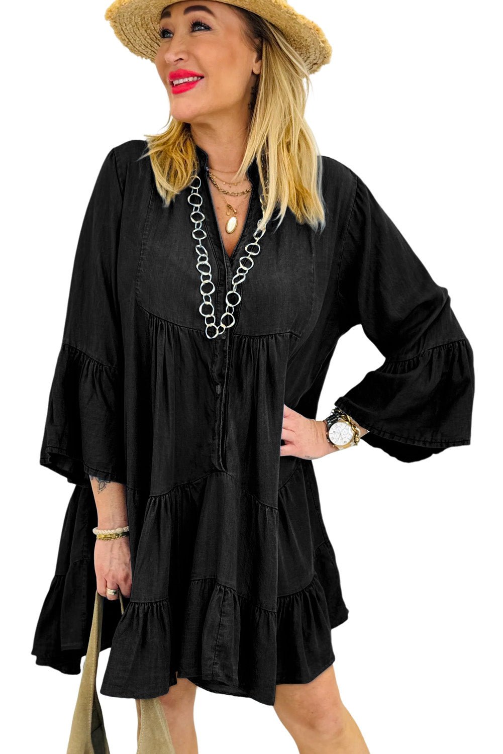 Black Chambray Ruffled 3/4 Sleeve Tiered Split V Neck Mini Dress - Naughty Girl Essentials
