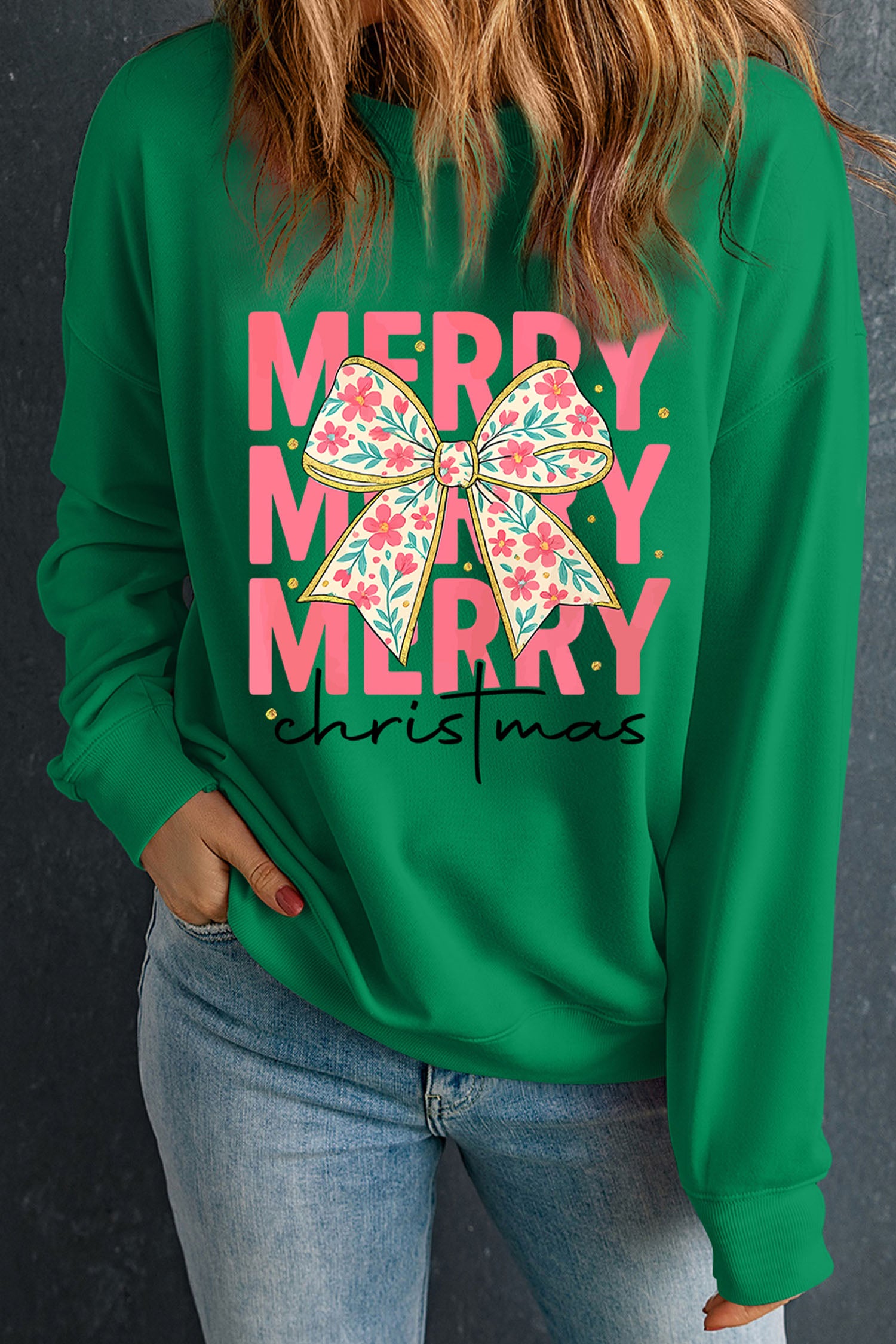 Dark Green “MERRY Christmas” Floral Bow Graphic Drop Shoulder Sweatshirt