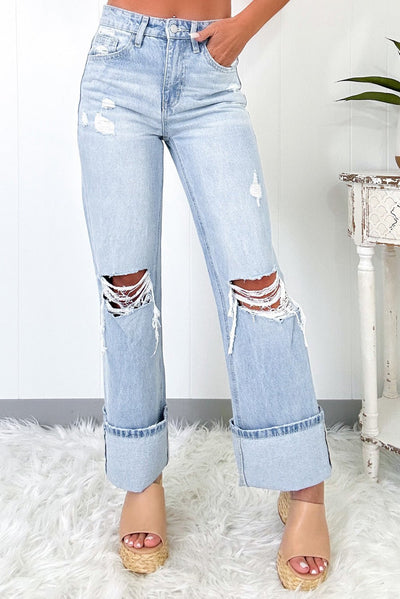 Beau Blue Light Wash Distressed Flare Jeans - Naughty Girl Essentials