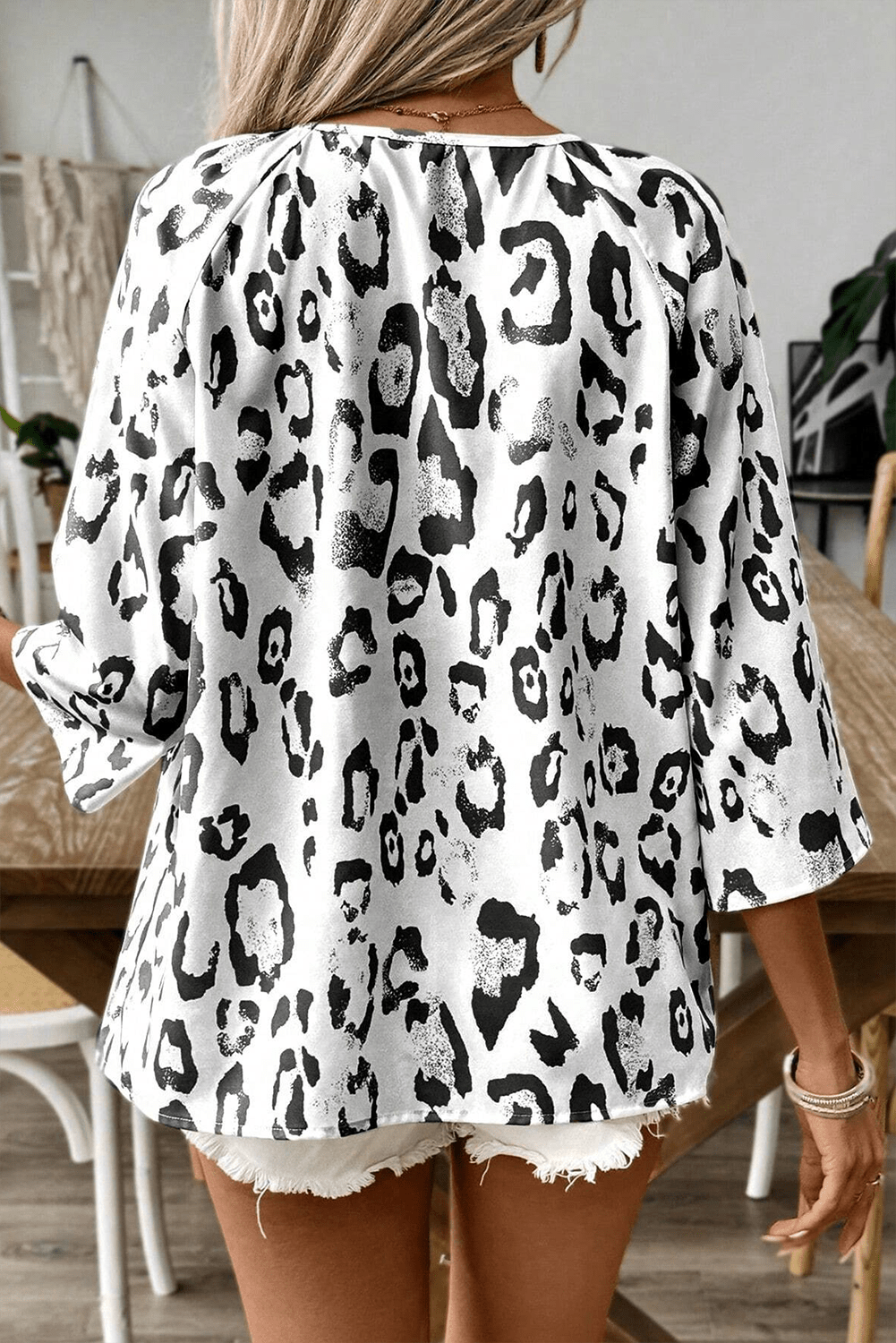 Khaki Leopard Print Ruched V Neck 3/4 Sleeve Blouse - Naughty Girl Essentials