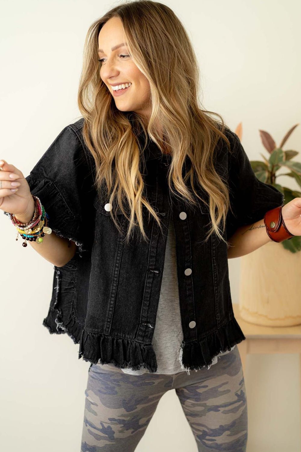 Black Raw Edge Ruffled Short Sleeve Denim Jacket - Naughty Girl Essentials