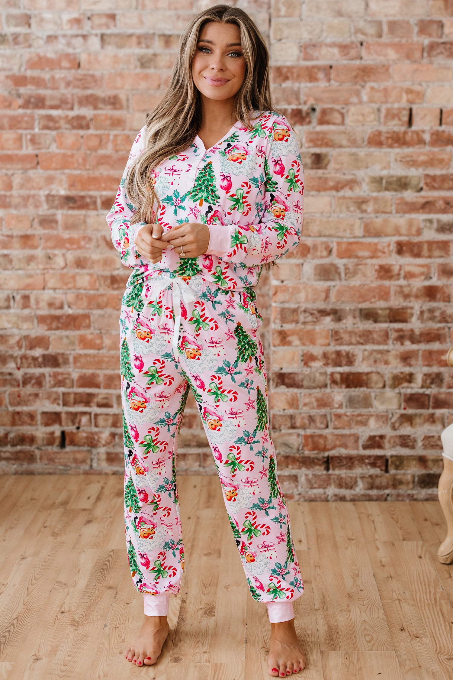 Pink Christmas Pattern Button V-Neck Pullover & Drawstring Pants Lounge Set – 2 Piece
