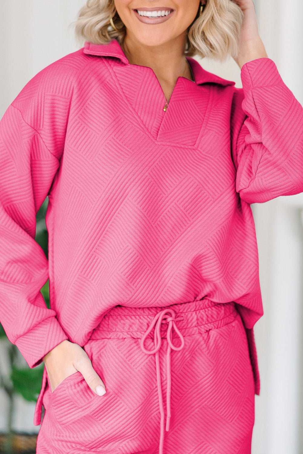 Bonbon Solid Textured Collared V Neck Top and Wide Leg Pants Set - Naughty Girl Essentials