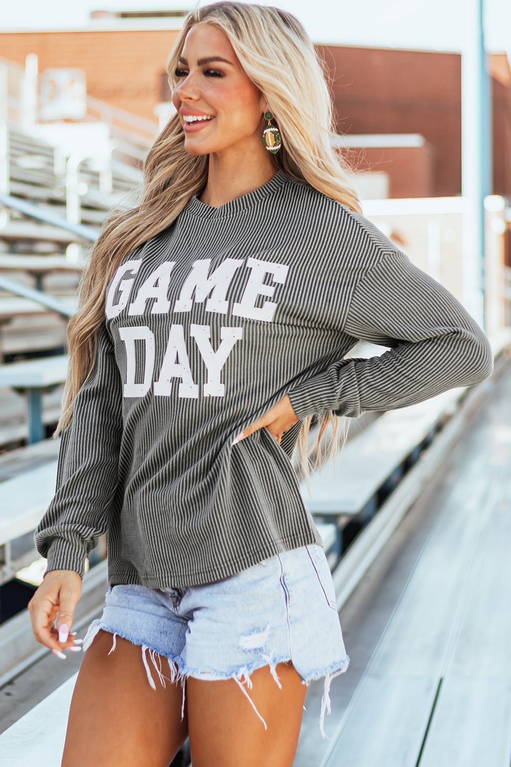 Dark Grey Corded GAME DAY Graphic Long Sleeve Crewneck Top - Naughty Girl Essentials