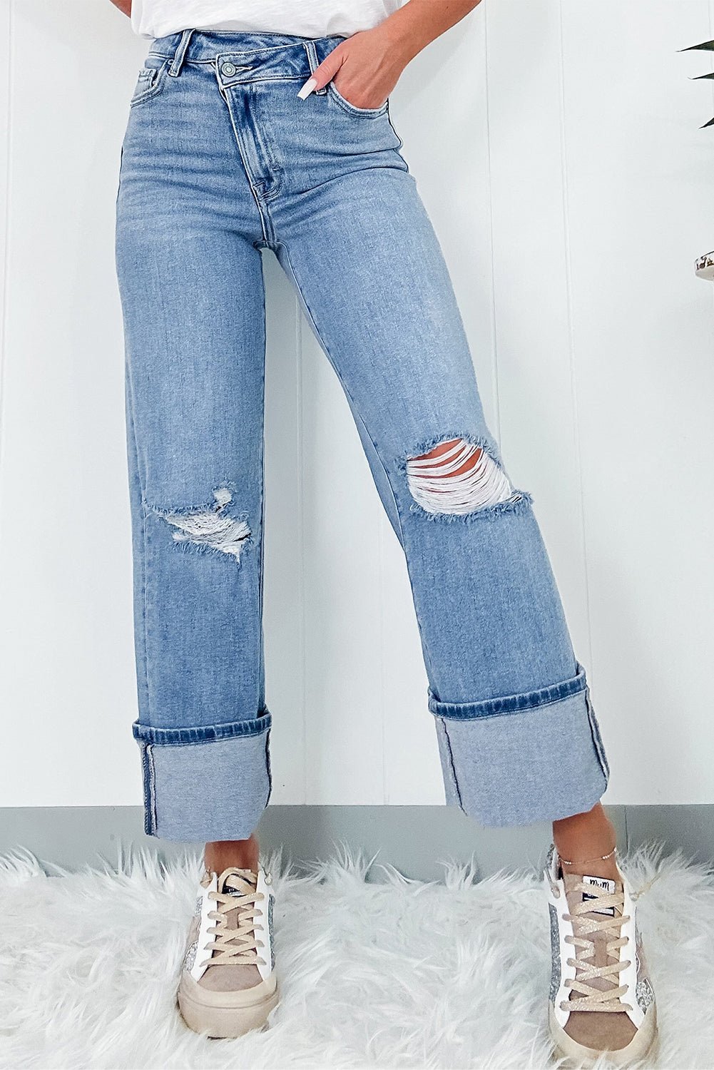 Dusk Blue High Rise Asymmetric Button Zip Fly Ripped Jeans - Naughty Girl Essentials