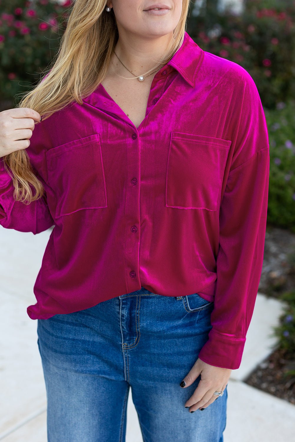 Bright Pink Plus Size Velvet Chest Pocket Drop Shoulder Shirt - Naughty Girl Essentials