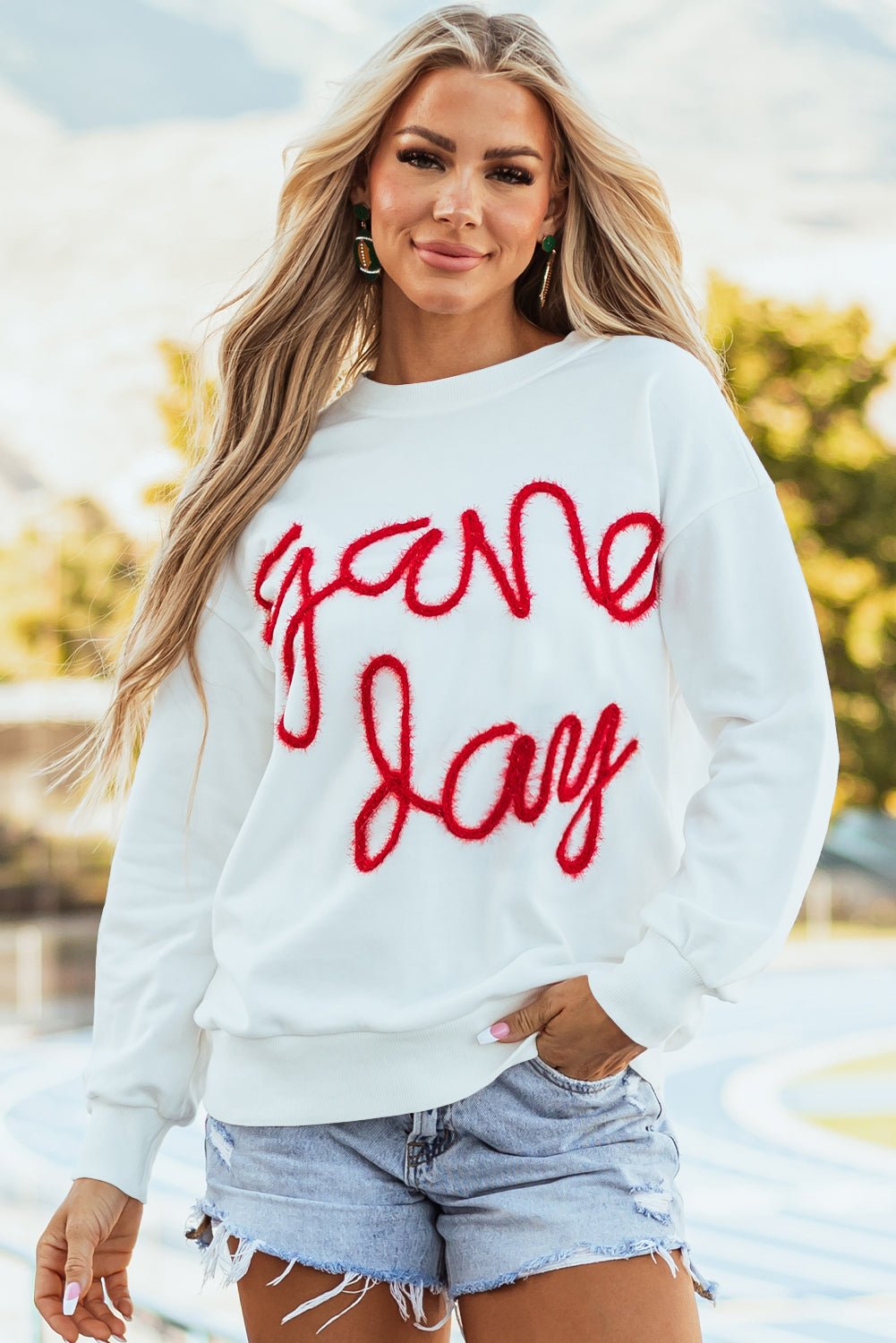 White Tinsel Game Day Drop Shoulder Graphic Sweatshirt - Naughty Girl Essentials