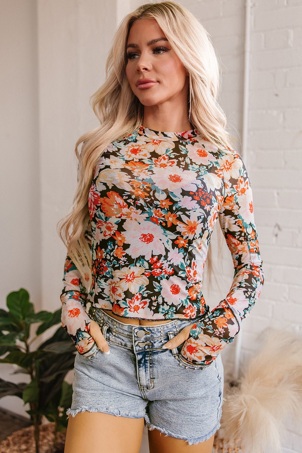 Orange Floral Mesh Slim Long Sleeve Crop Top - Naughty Girl Essentials