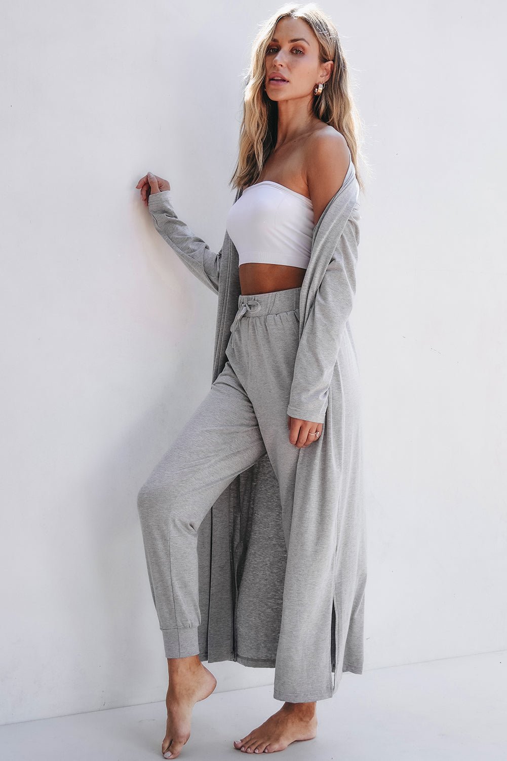 Black Split Long Cardigan and Skinny Pants Lounge Set - Naughty Girl Essentials