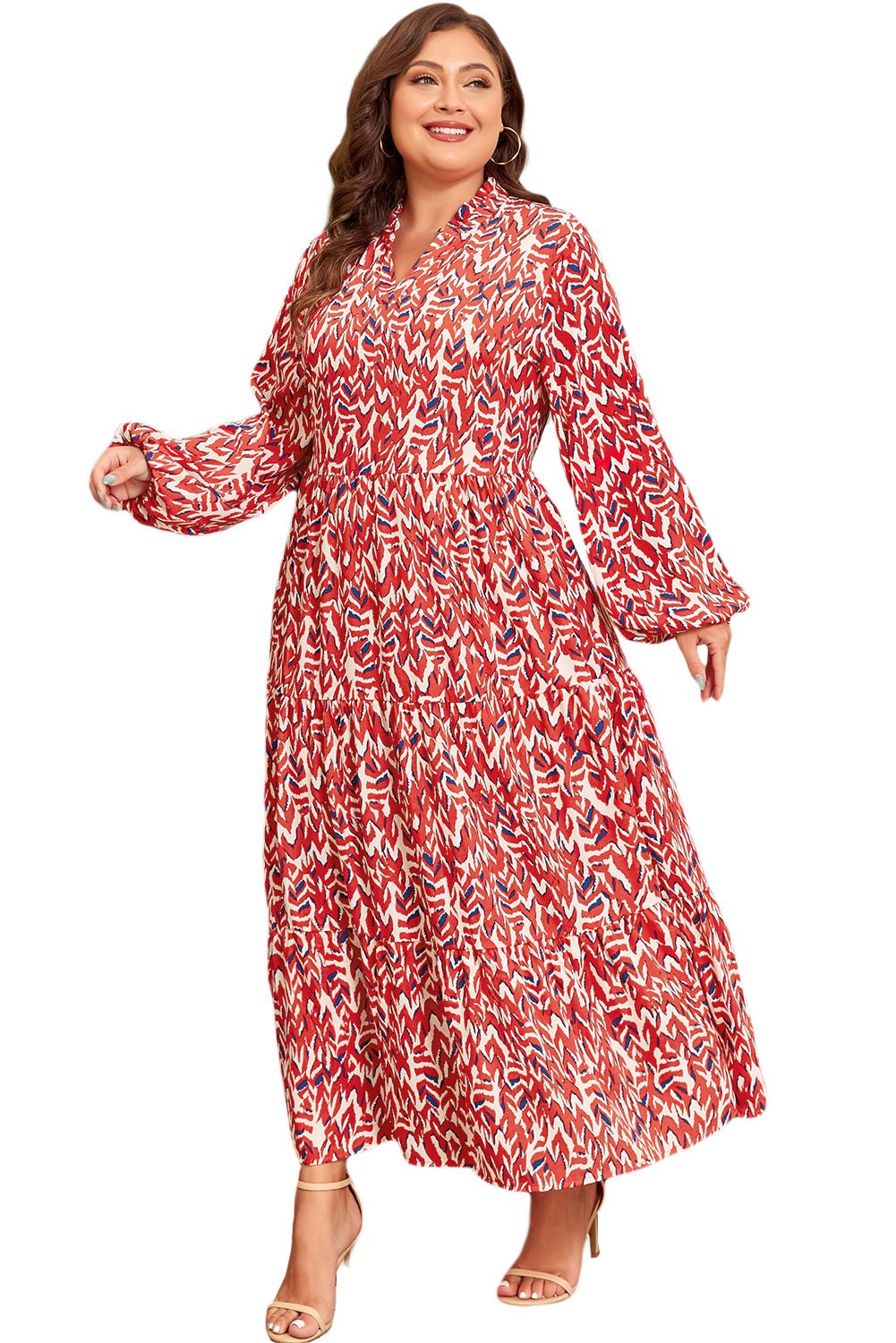 Red Plus Size Abstract Print Notch V Neck High Waist Maxi Dress - Naughty Girl Essentials