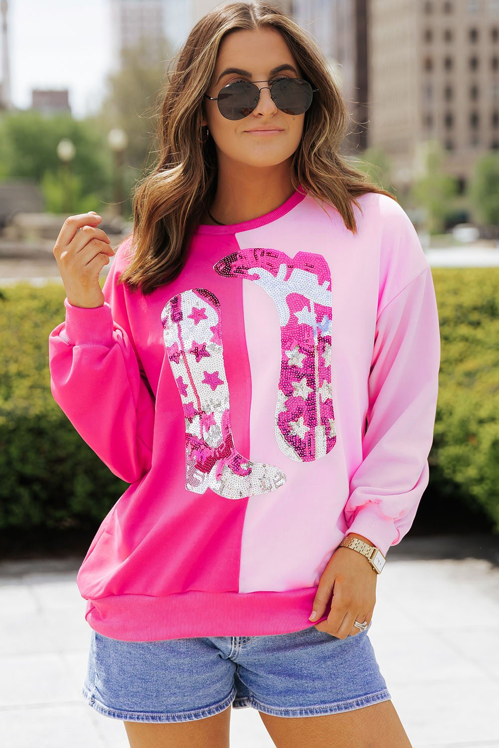 Pink Color Block Sequined Cowgirl Boots Graphic Sweatshirt - Naughty Girl Essentials