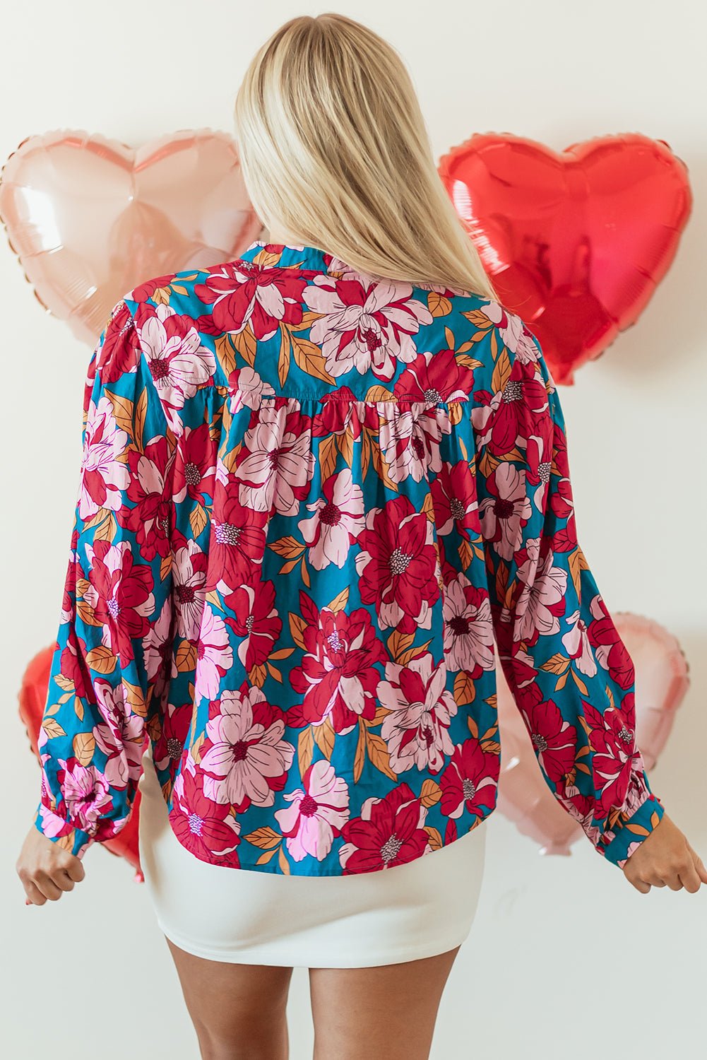 Red Floral Printed Balloon Sleeve Half Buttons Blouse - Naughty Girl Essentials