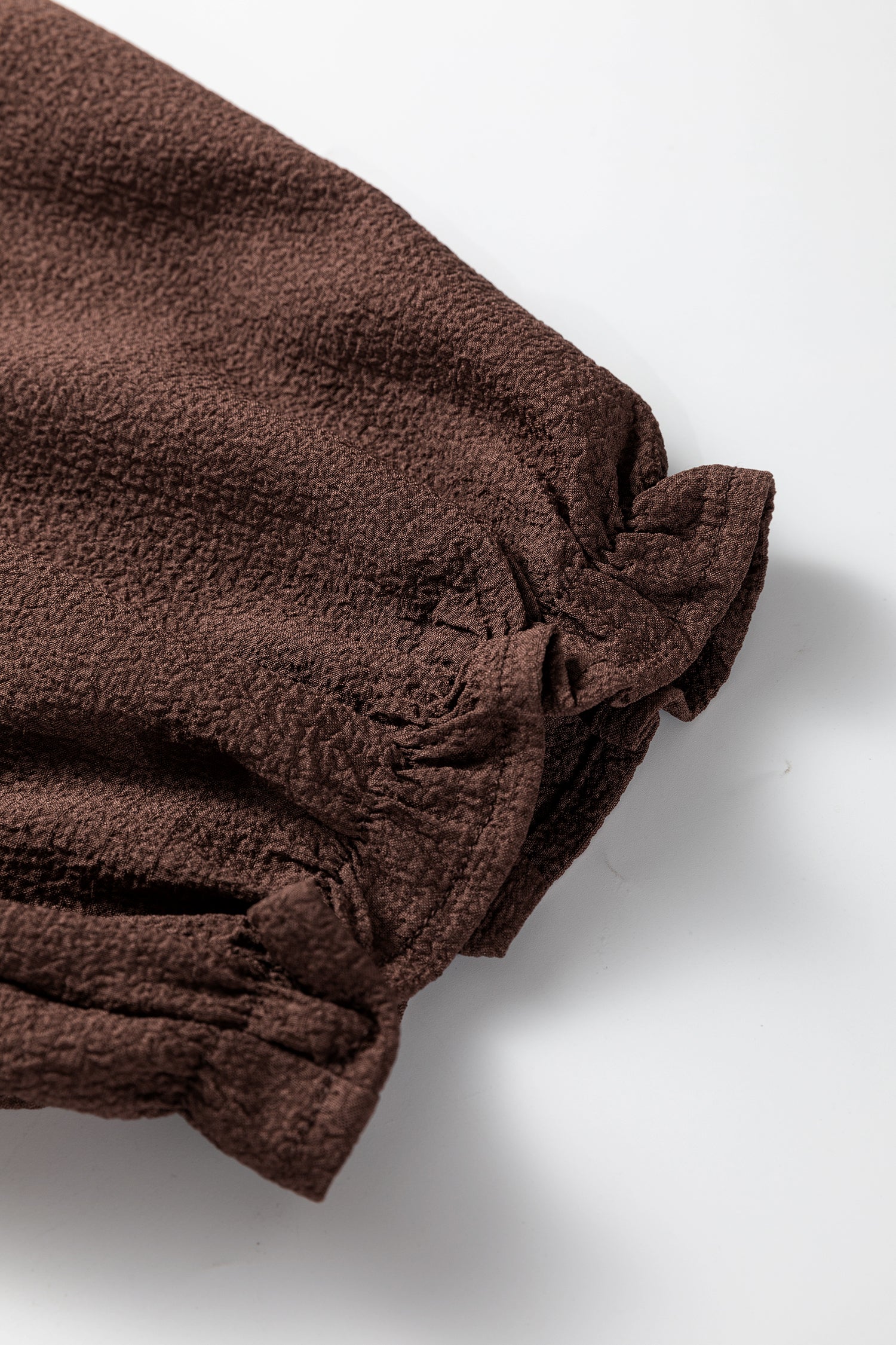 Coffee Plus Size Frilled Trim V-Neck Puff Sleeve Textured Mini Dress