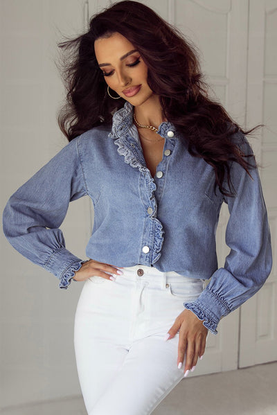 Beau Blue Ruffled Long Sleeve Buttoned Denim Shirt - Naughty Girl Essentials