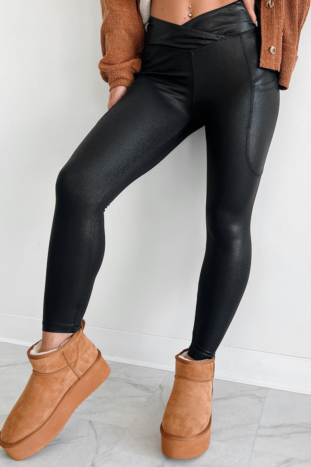 Black V Crossover High Waist Pocketed Leggings - Naughty Girl Essentials