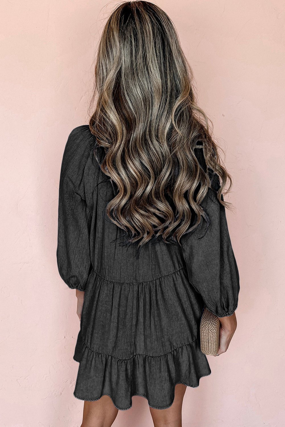 Black Puff Sleeve V Neck Tiered Ruffled Chambray Mini Dress - Naughty Girl Essentials