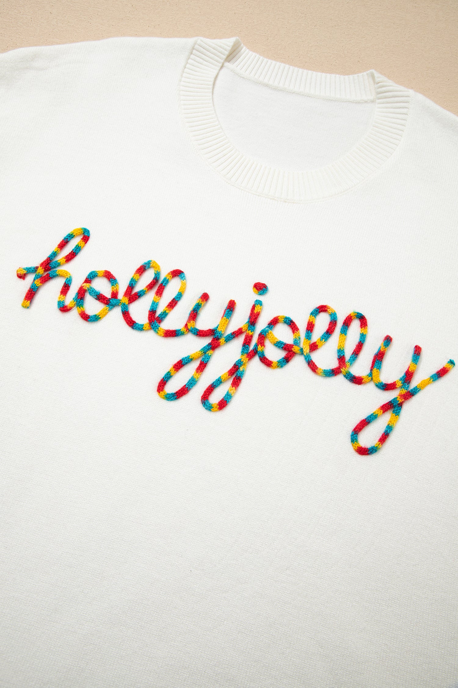 Beige Colorful “Holly Jolly Christmas” Knit Loose Sweater