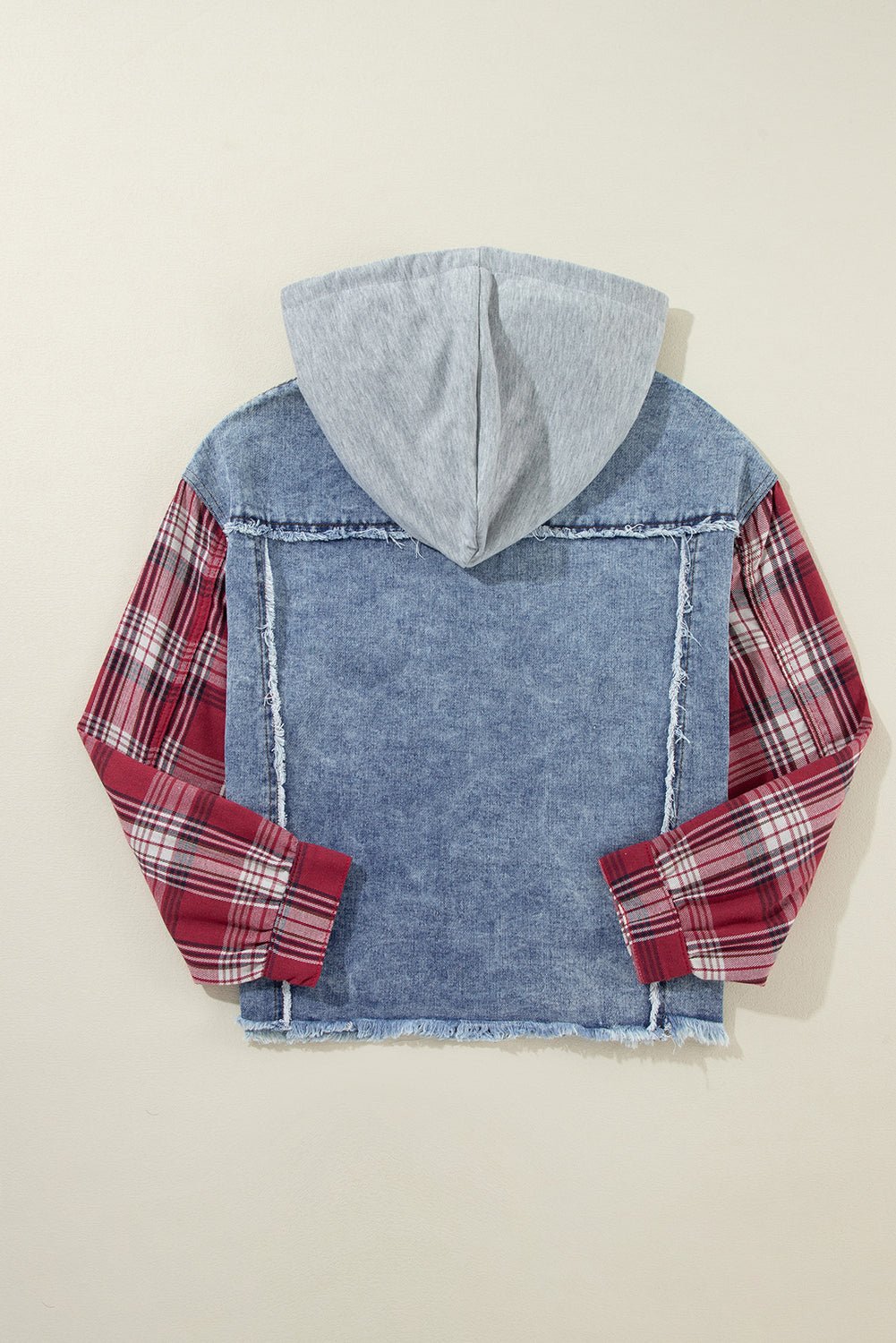 Beau Blue Plaid Print Patchwork Hooded Raw Hem Denim Jacket - Naughty Girl Essentials
