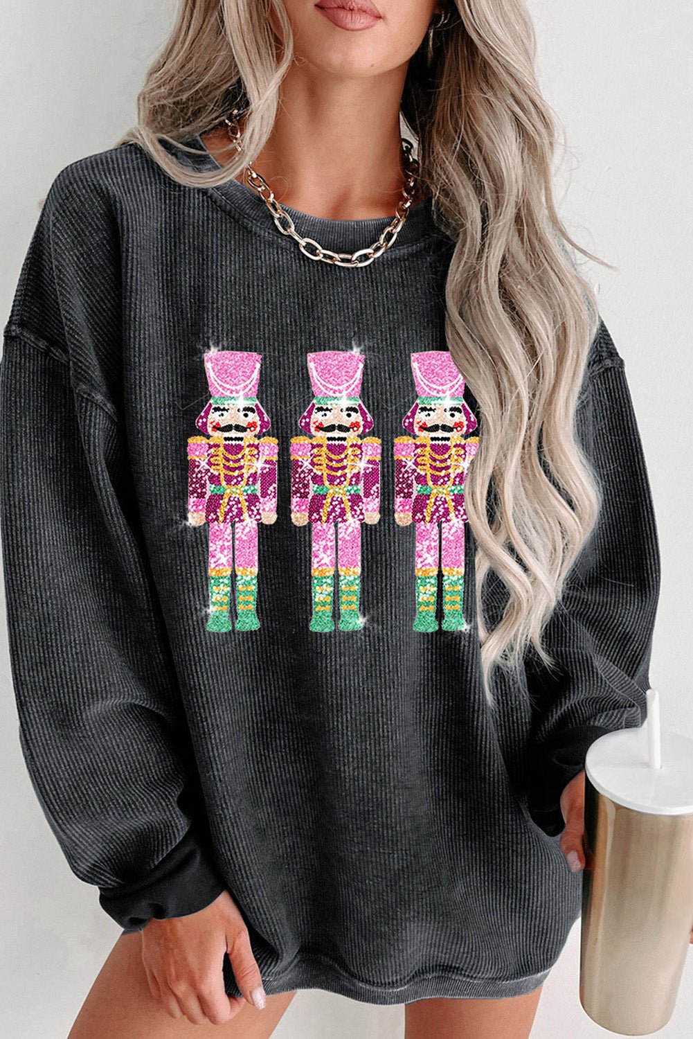 Black Christmas Sequined Nutcrackers Mineral Wash Corded Sweatshirt - Naughty Girl Essentials