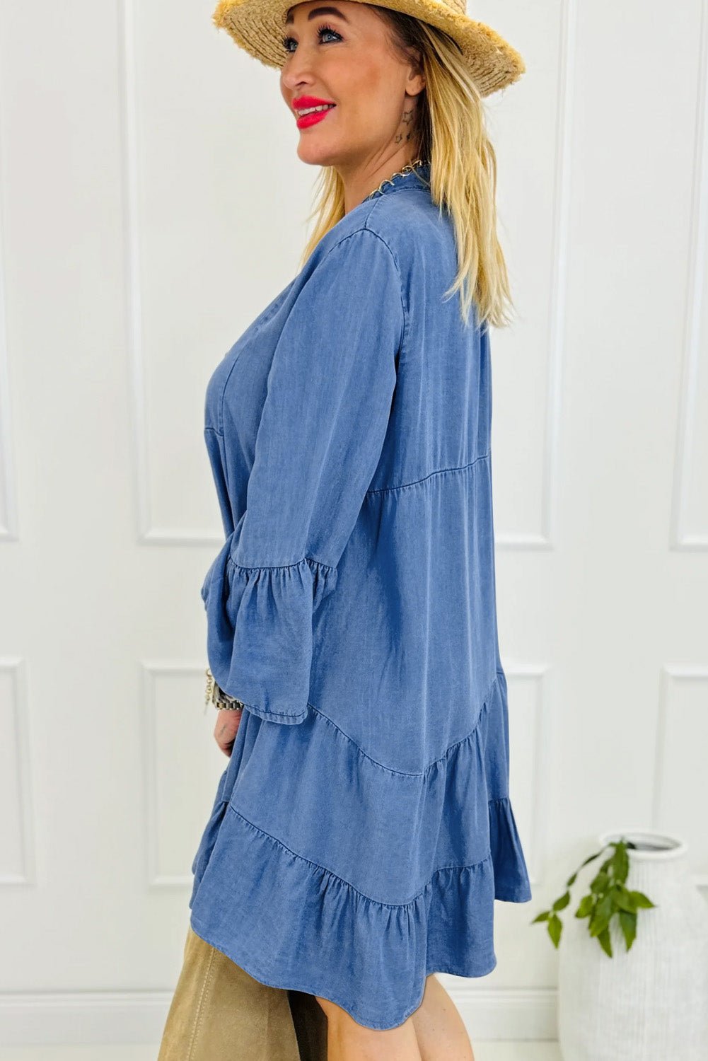 Black Chambray Ruffled 3/4 Sleeve Tiered Split V Neck Mini Dress - Naughty Girl Essentials