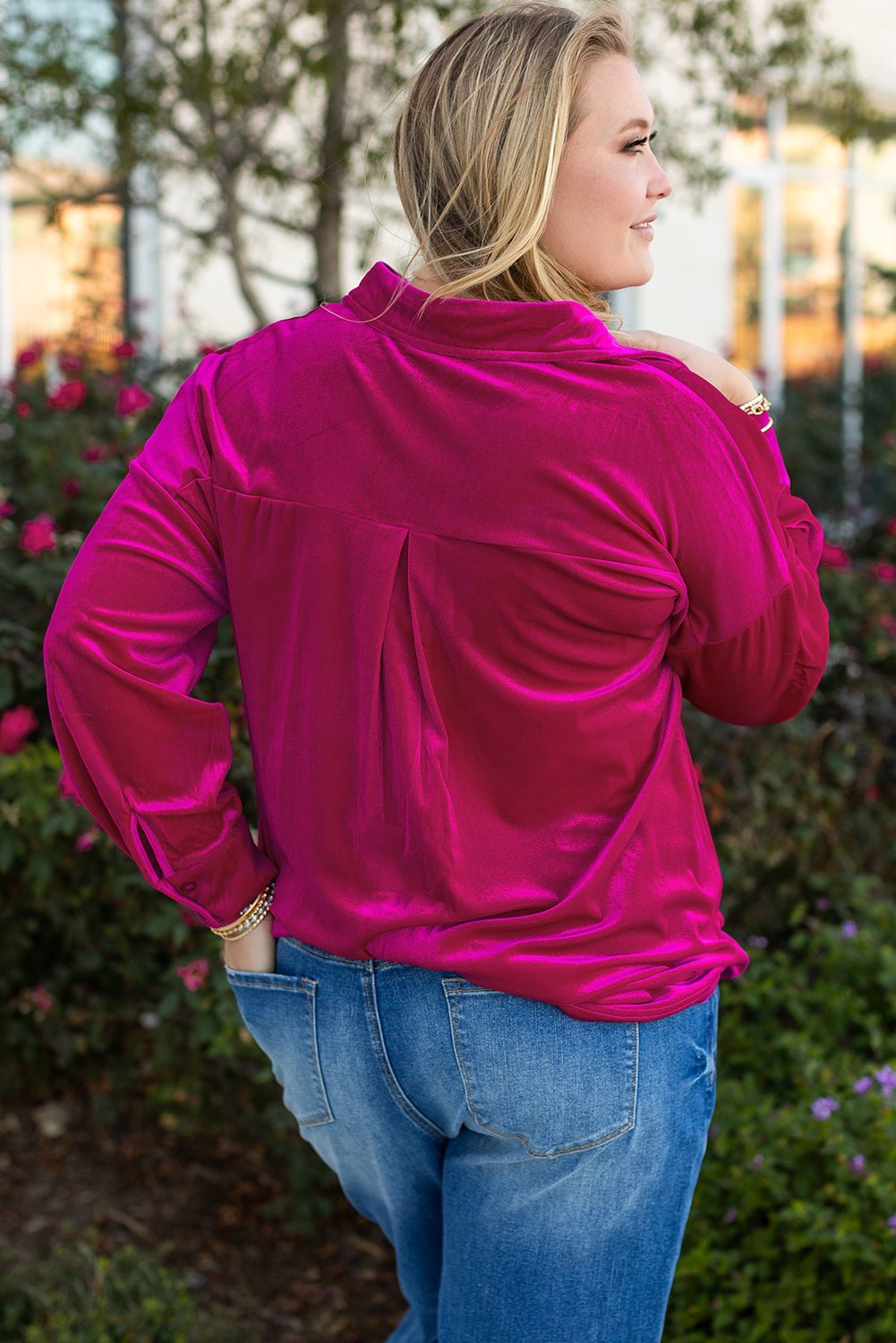 Bright Pink Plus Size Velvet Chest Pocket Drop Shoulder Shirt - Naughty Girl Essentials