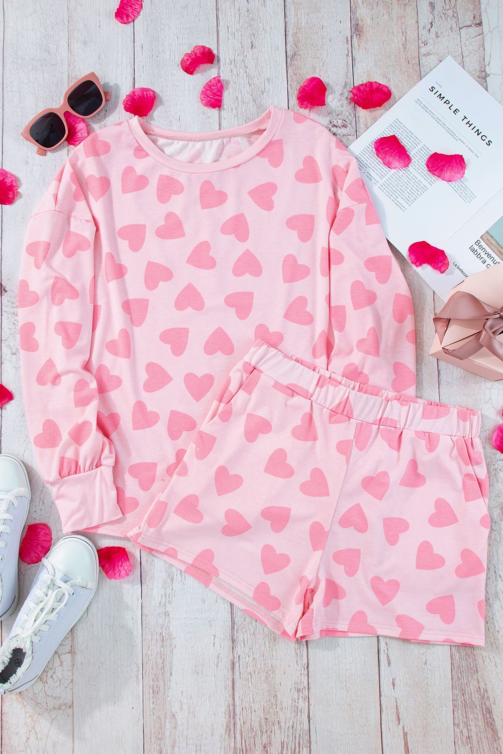 Pink Valentine Heart Shape Print Long Sleeve Top Shorts Lounge Set - Naughty Girl Essentials