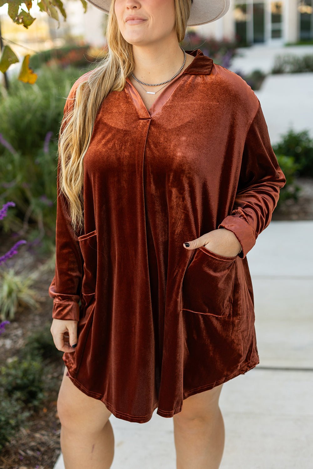 Coffee Plus Size V Neck Collared Pleated Back Rounded Hem Velvet Dress - Naughty Girl Essentials