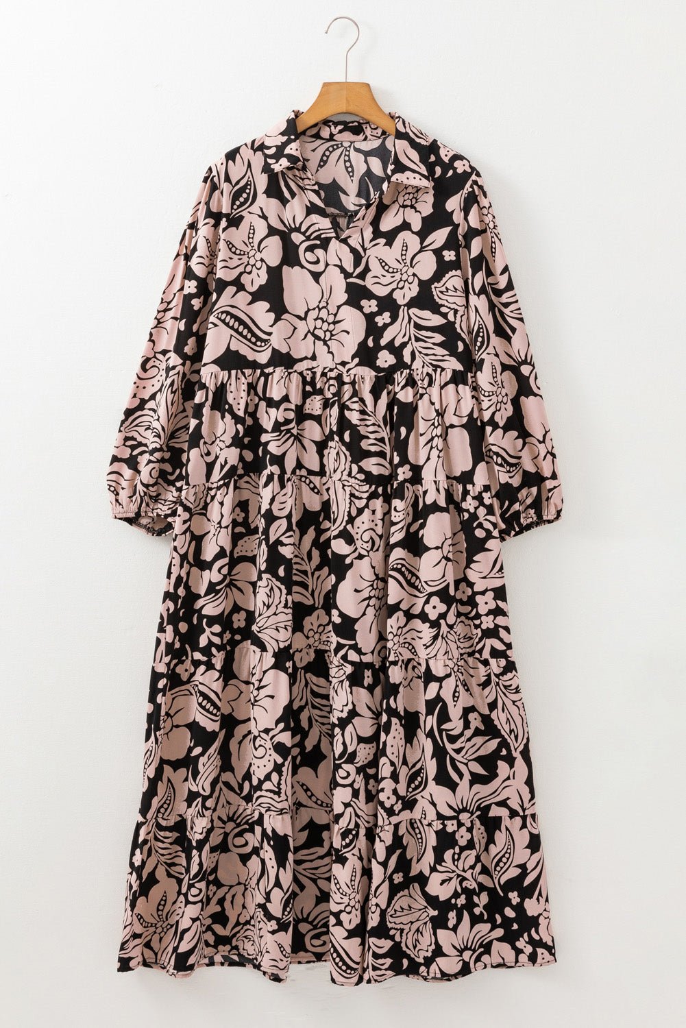 Black Plus Size Floral Printed Puff Sleeve Collared Maxi Dress - Naughty Girl Essentials