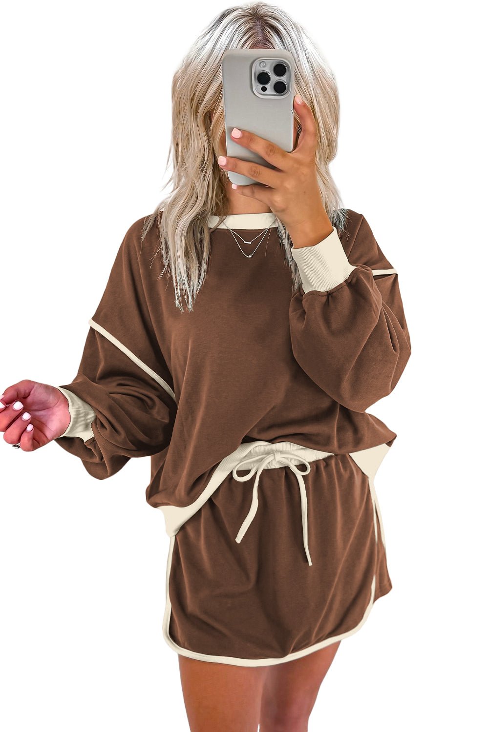 Black Color Contrast Loose Pullover and Lace - up Waist Skort Set - Naughty Girl Essentials