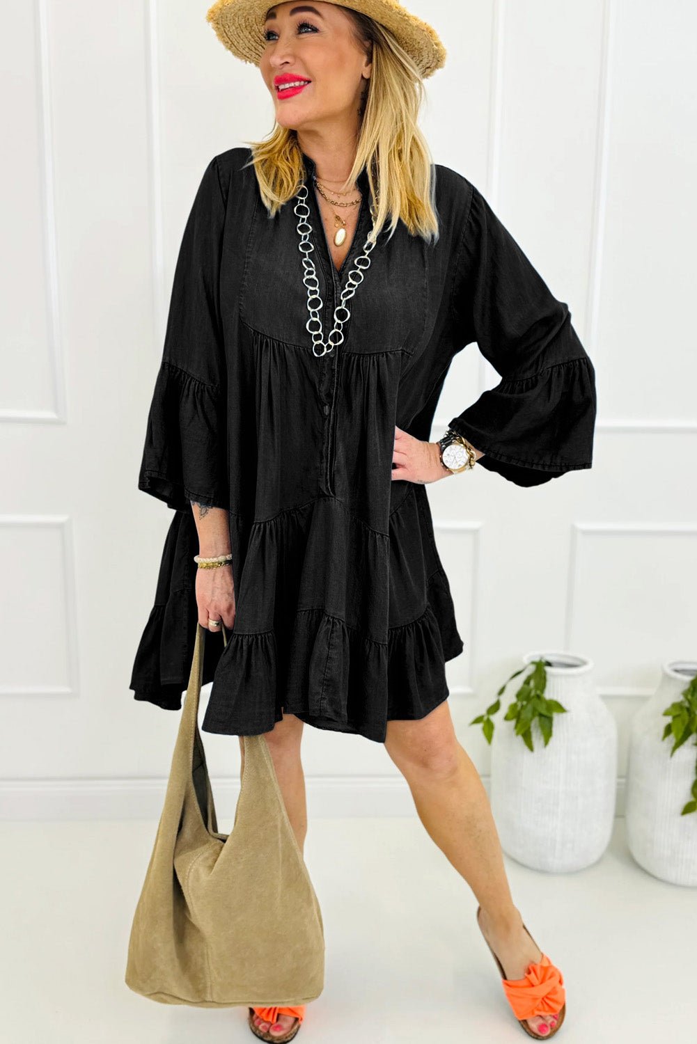 Black Chambray Ruffled 3/4 Sleeve Tiered Split V Neck Mini Dress - Naughty Girl Essentials