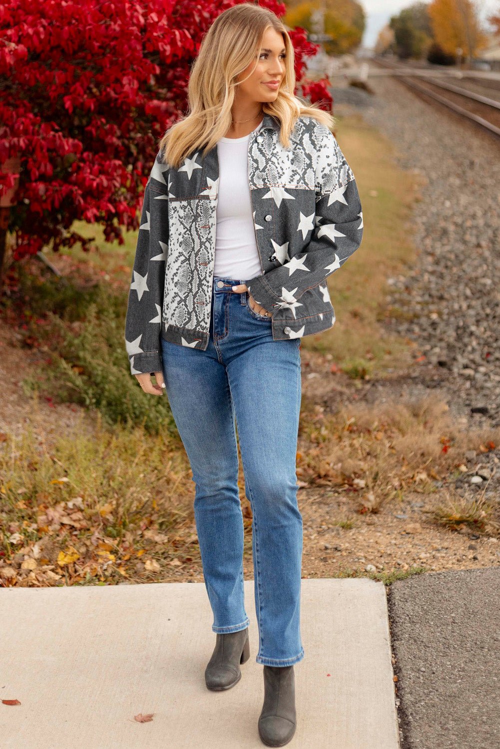 Black Star Snakeskin Printed Patchwork Denim Jacket - Naughty Girl Essentials