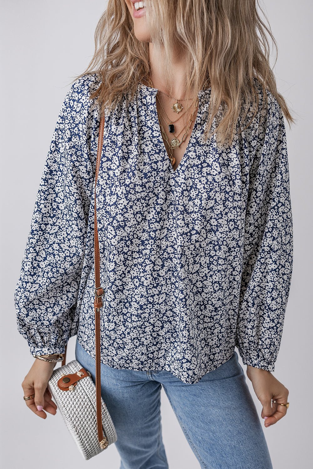 Blue Floral Print Notched V Neck Puff Sleeve Blouse - Naughty Girl Essentials