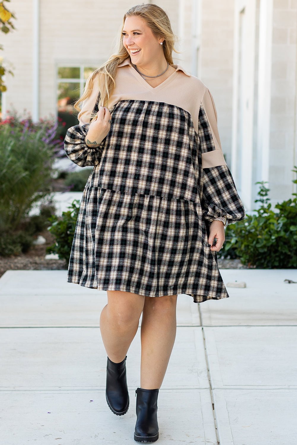 Black Plaid Waffle Knit Patchwork Collared V Neck Plus Size Mini Dress - Naughty Girl Essentials