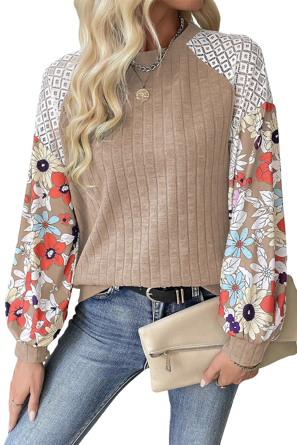 Laurel Green Floral Patchwork Long Sleeve Ribbed Blouse - Naughty Girl Essentials