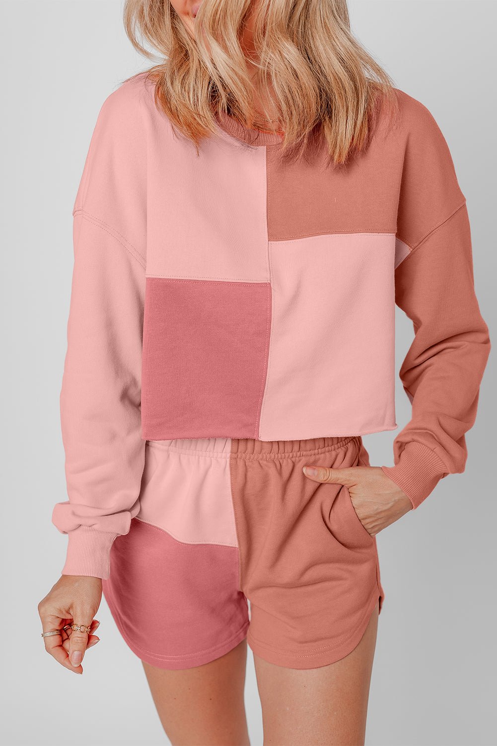 Peach Blossom Colorblock Patchwork Long Sleeve Shorts Outfit - Naughty Girl Essentials