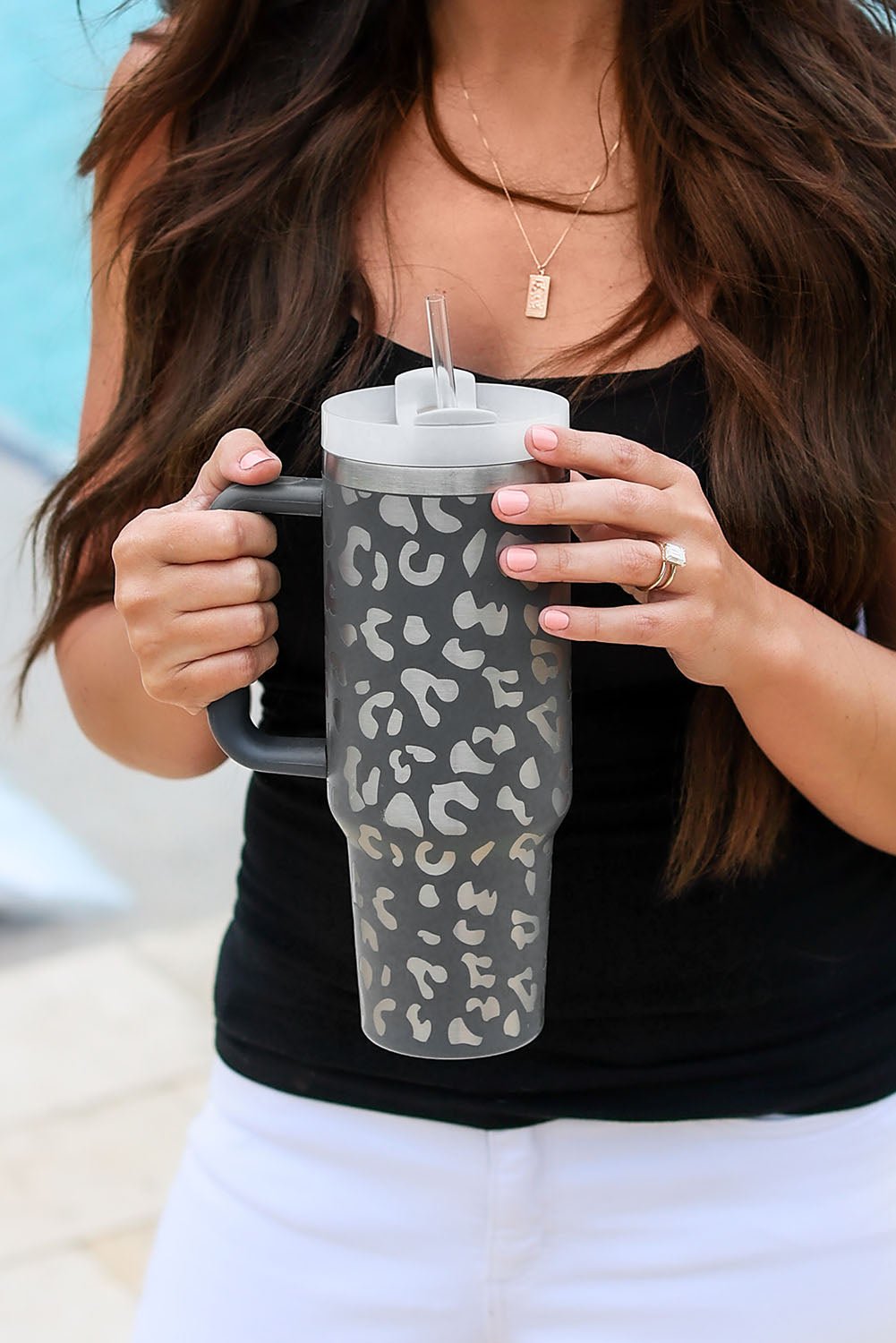 Gray Leopard Print 40OZ Stainless Steel Portable Cup with Handle - Naughty Girl Essentials