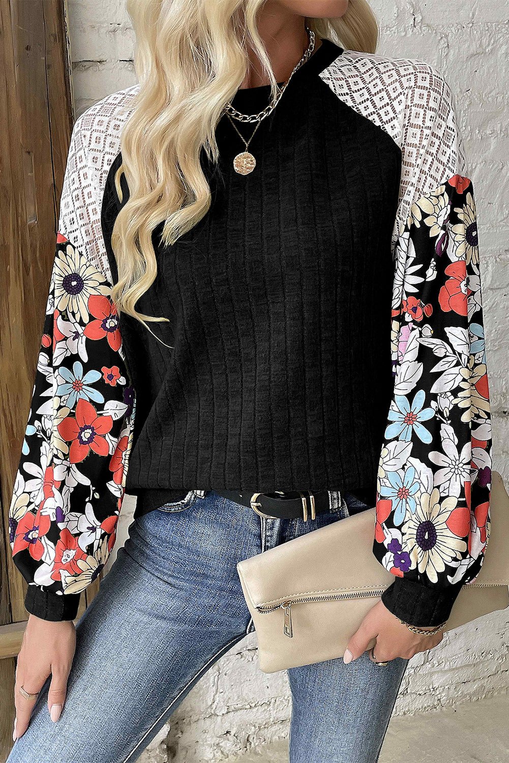Laurel Green Floral Patchwork Long Sleeve Ribbed Blouse - Naughty Girl Essentials